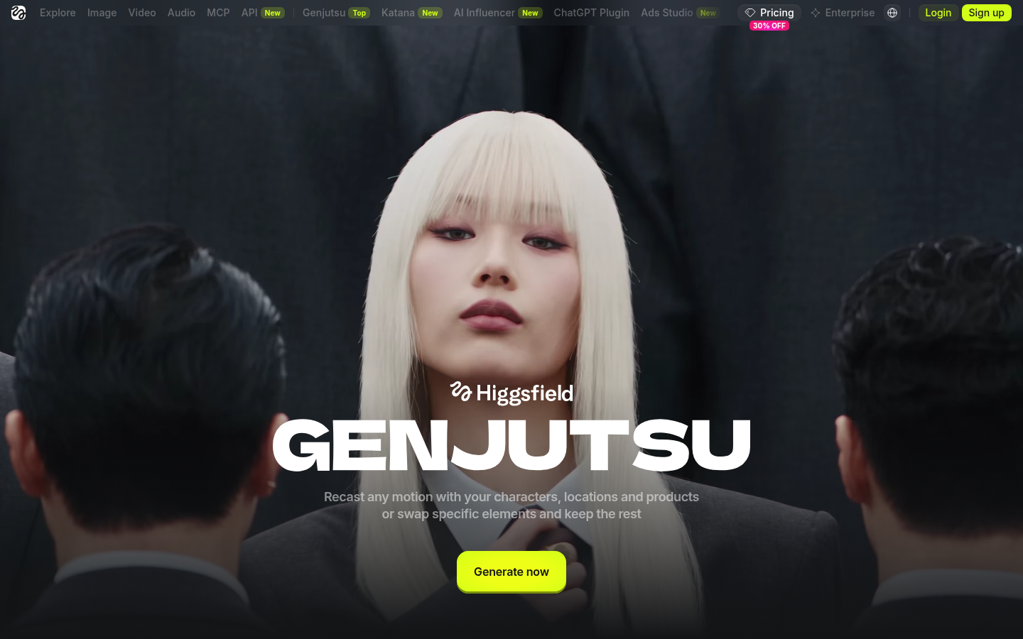 The Higgsfield Genjutsu page describing how it recasts any motion with your characters, locations and products