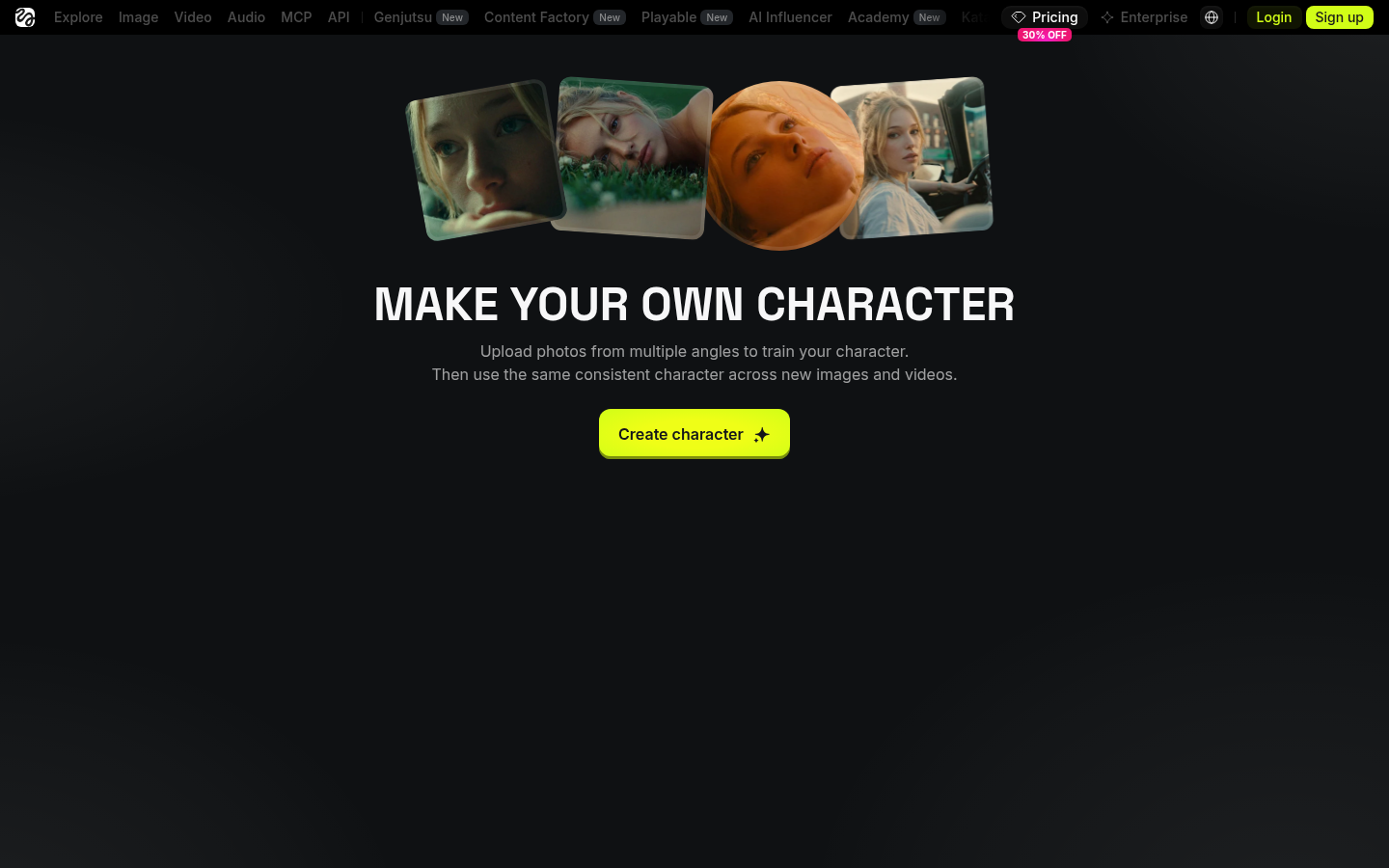 The Higgsfield Make Your Own Character page with a Create character button and four example portraits