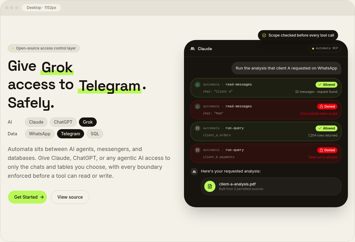 Concept 3 on desktop: the headline with underlined words and two rows of pills listing Claude, ChatGPT and Grok, and WhatsApp, Telegram and SQL
