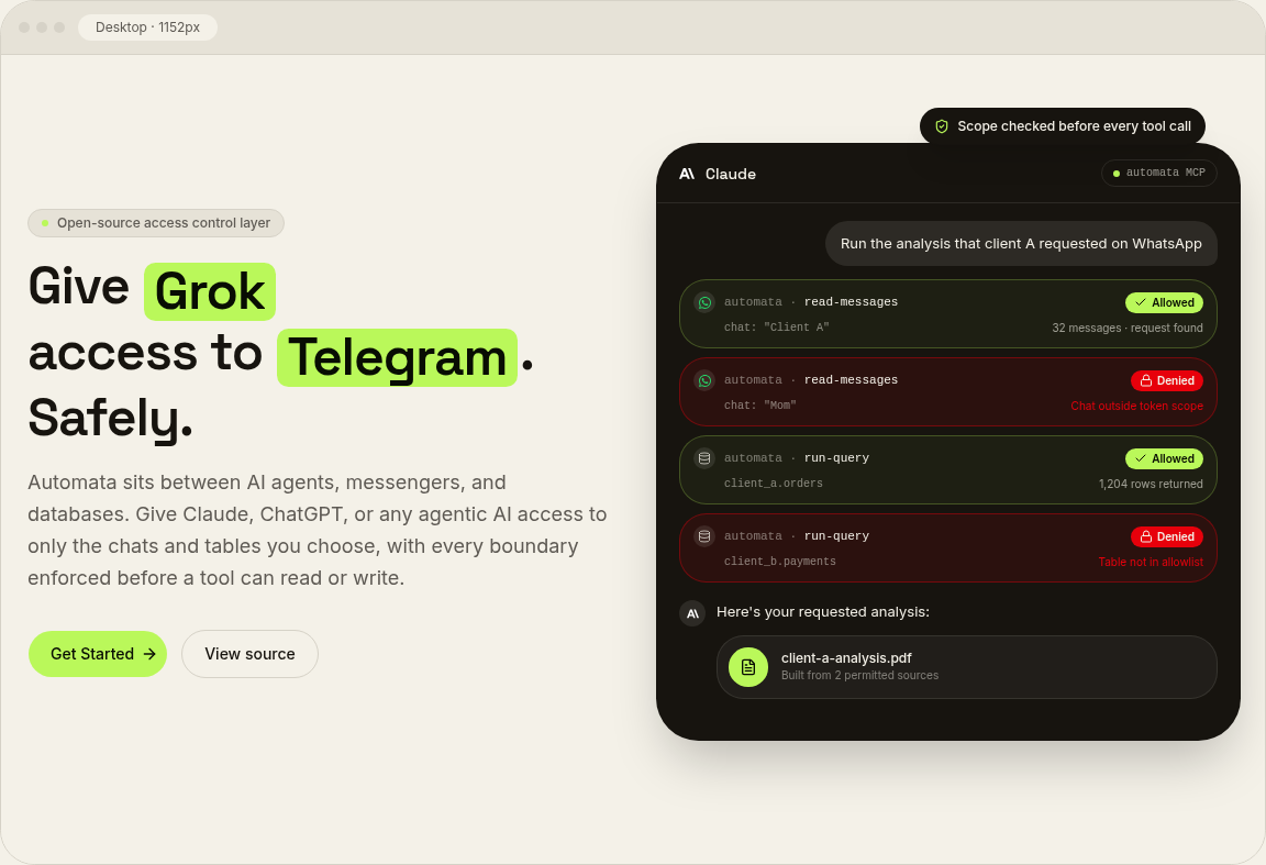 Concept 1 on desktop: the words Grok and Telegram in lime chips inside the headline Give Grok access to Telegram. Safely.