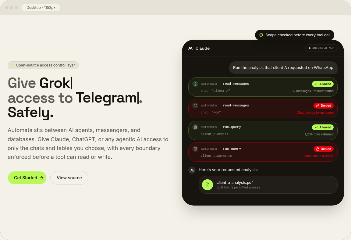 Concept 2 on desktop: the headline with the words Grok and Telegram typed out with a blinking caret and the rest of the sentence in a lighter color