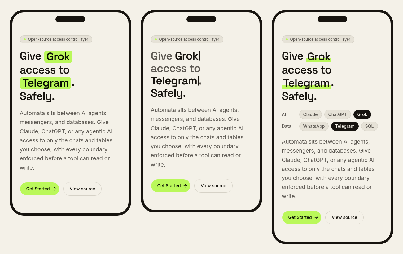 The three concepts side by side in phone frames: slot roll with lime chips, typewriter with a caret, and blur swap with an underline and a list of pills