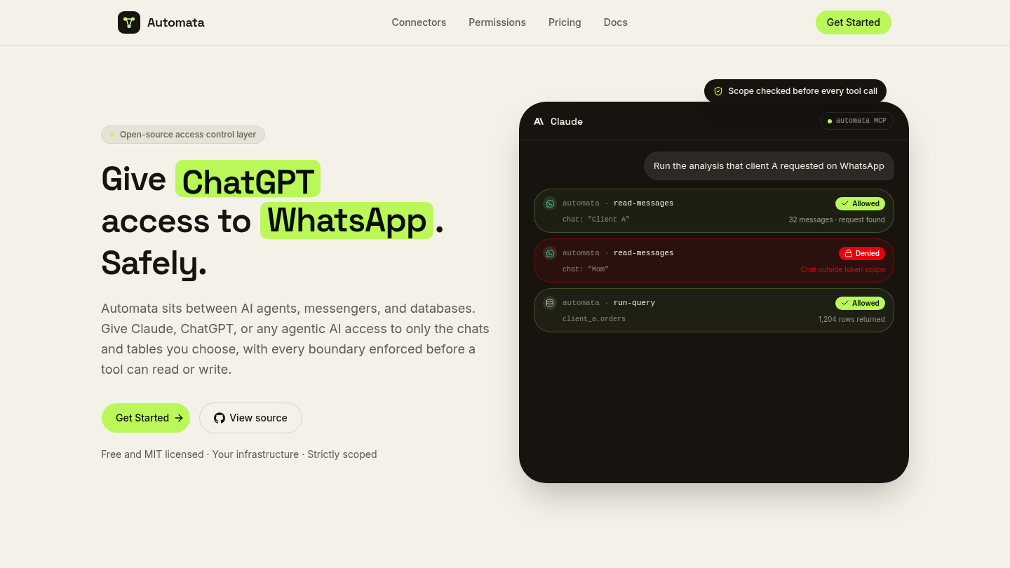 The updated Automata homepage on desktop with the headline Give ChatGPT access to WhatsApp. Safely. and lime chips around ChatGPT and WhatsApp