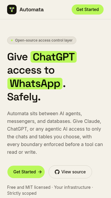 The Automata homepage on a phone with the headline Give ChatGPT access to WhatsApp. Safely. and the two service names highlighted in lime chips