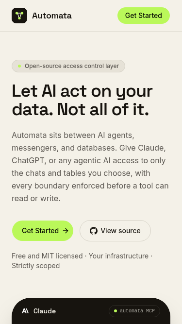 The Automata homepage on a phone with the headline Let AI act on your data. Not all of it.
